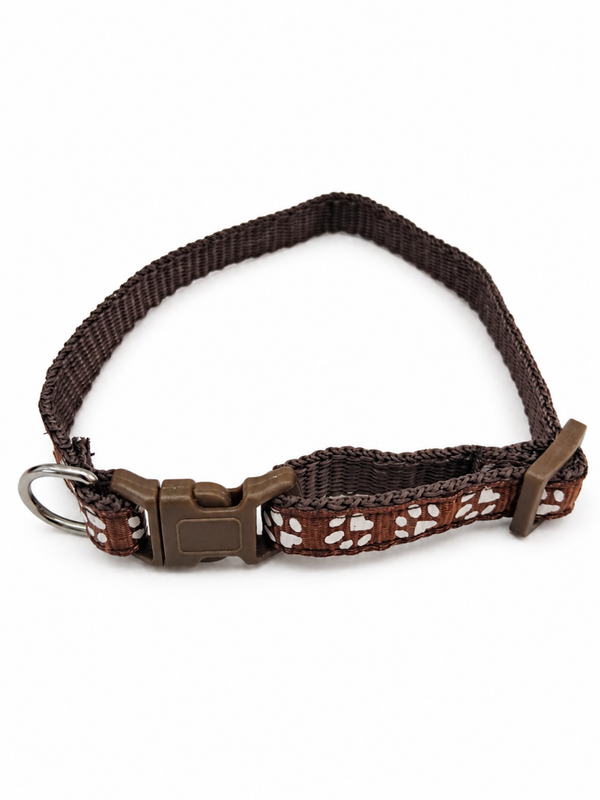 Collier Marron réglable en nylon pour chien – motif pattes – 22 à 30 cm