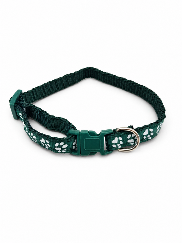 Collier vert foncée réglable en nylon pour chien – motif pattes – 22 à 30 cm