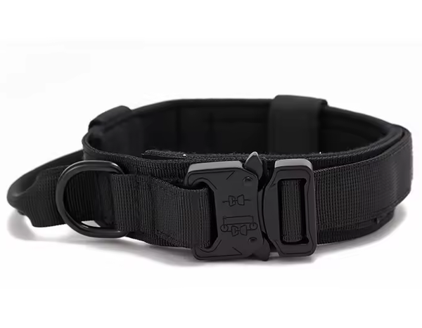 Collier Noir tactique pour chien avec poignée – Nylon renforcé, boucle métal, confort rembourré
