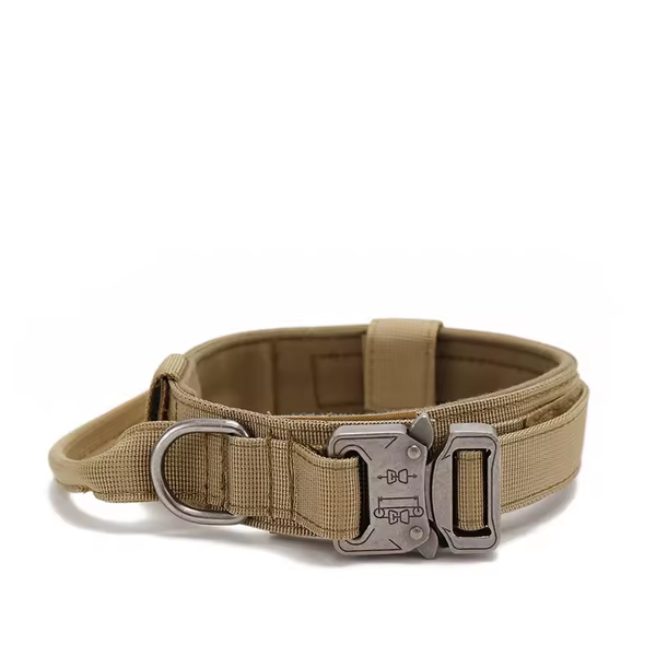 Collier sable Beige tactique pour chien avec poignée – Nylon renforcé, boucle métal, confort rembourré