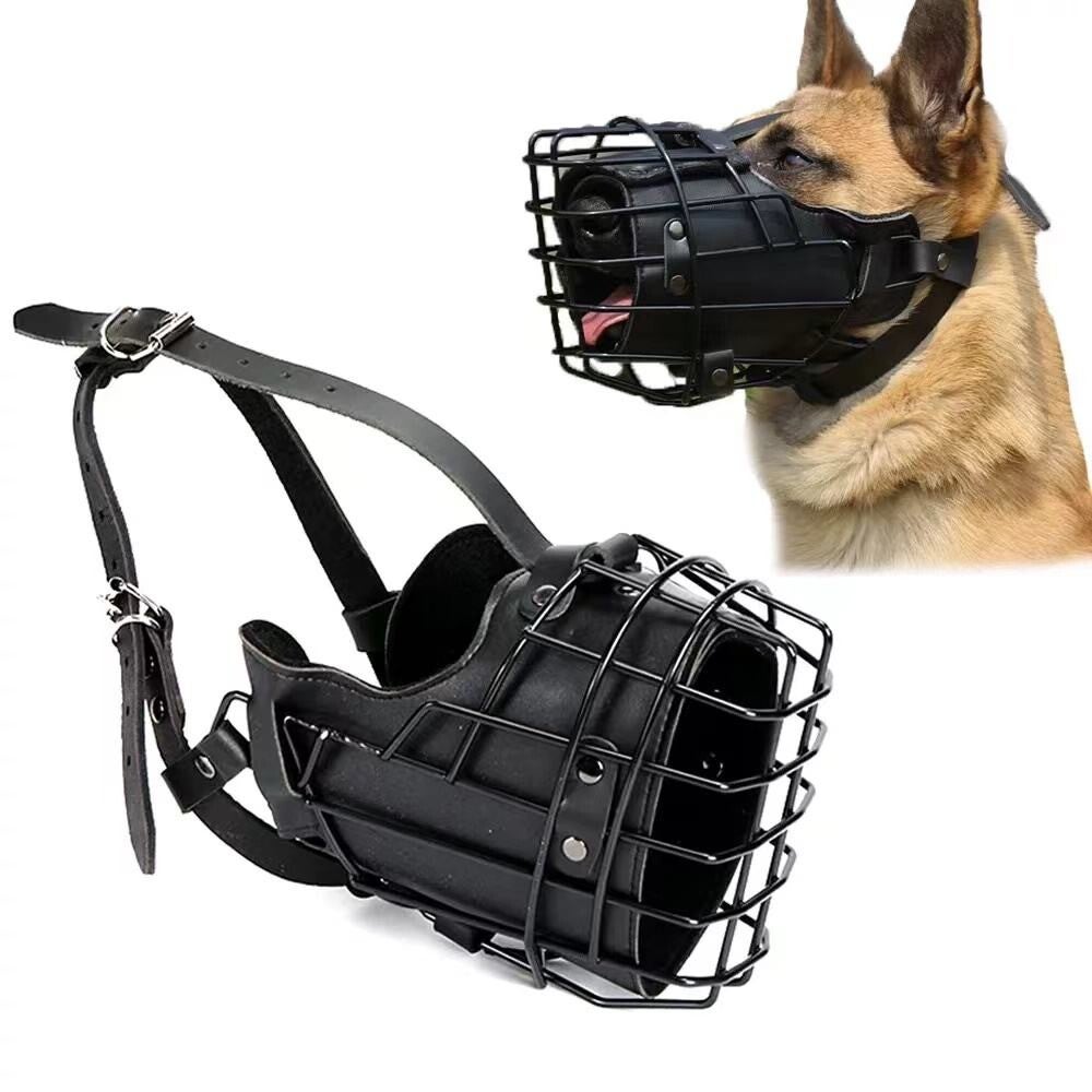 Muselière réglable et résistant aux morsures-Masque d'entraînement en métal et cuir