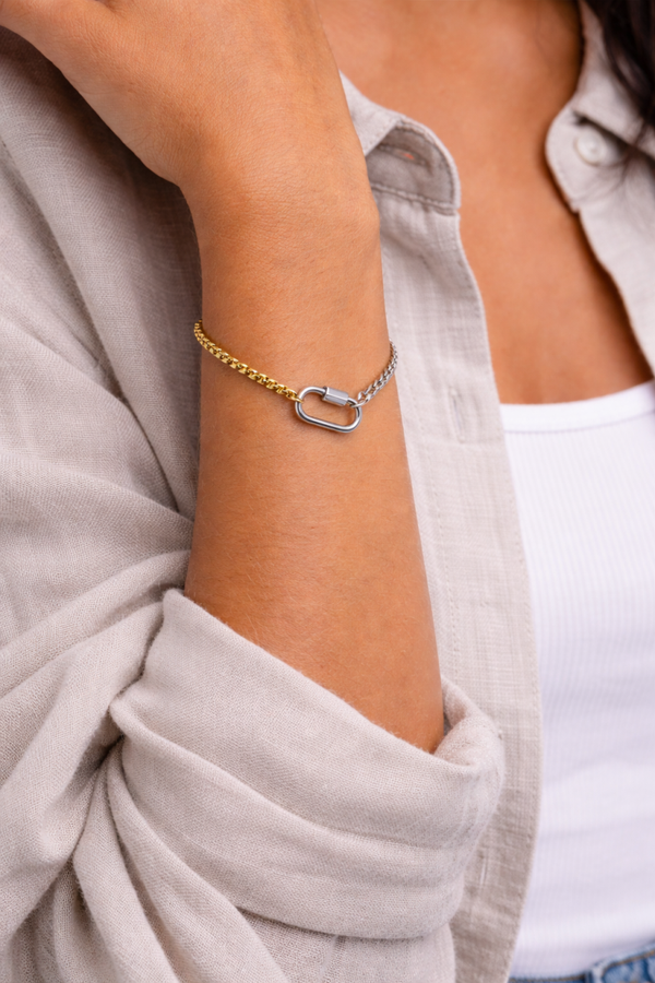 Mixed Metal Split Curb Chain Carabiner Bracelet