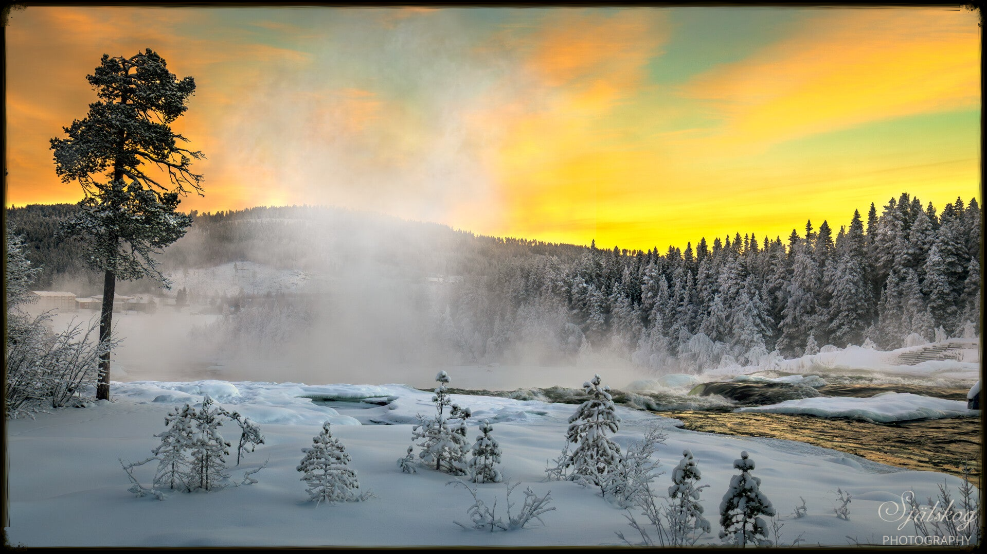 The golden light catching the mist is absolutely beautiful. The frozen cascades and snow-draped surroundings create a magical scene that feels almost otherworldly.