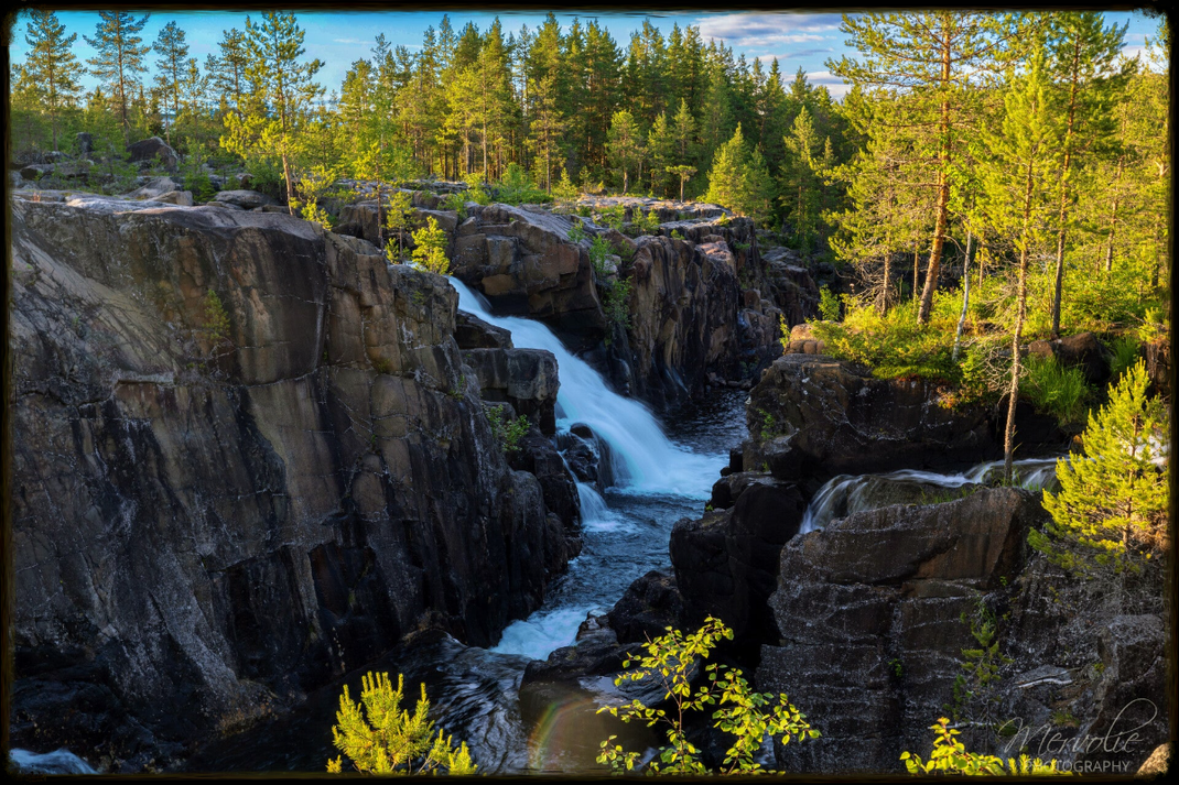 Landscape photography at Storforsen, Sweden, using long exposure to create silky water on a summer day.