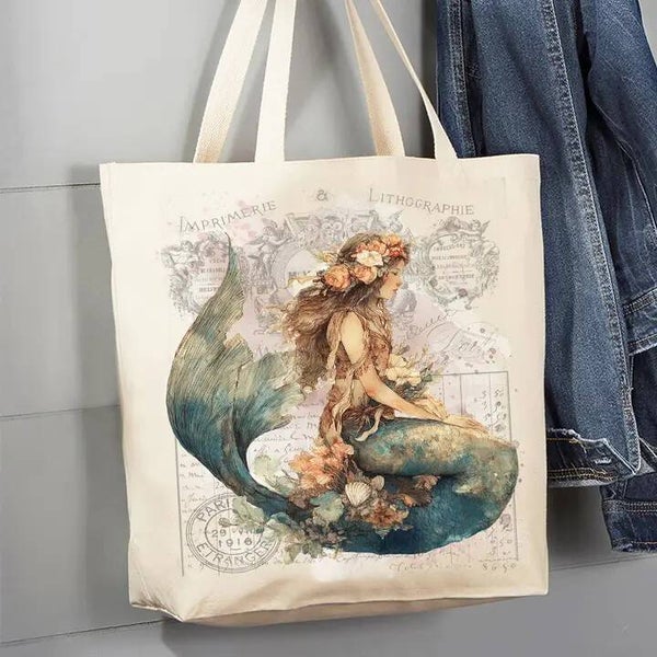 Vintage French Mermaid Coastal Canvas Tote Bag