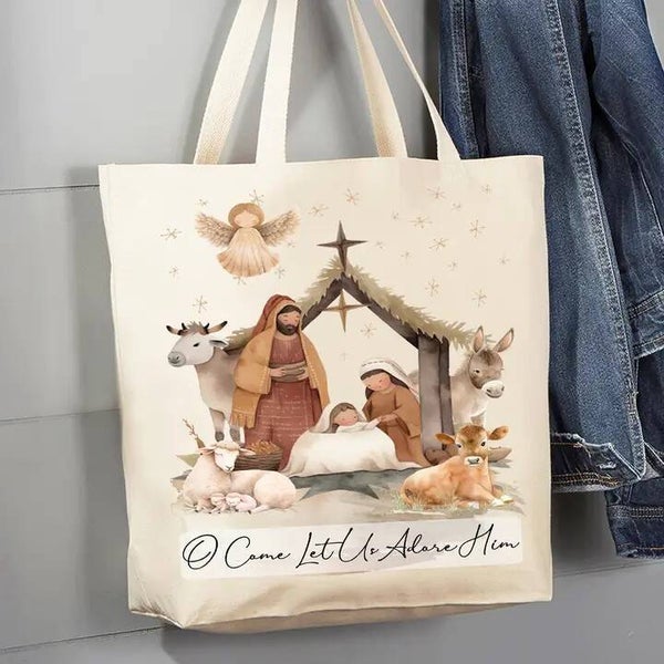 Christmas Nativity Let Us Adore Him Canvas Tote Bag