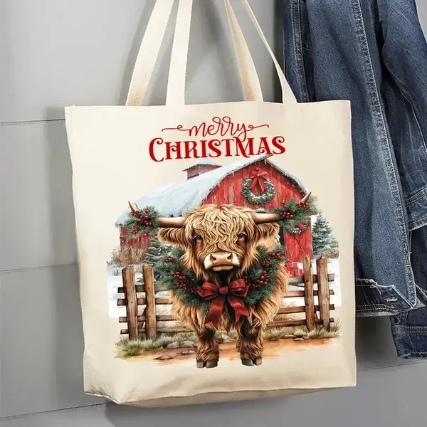 Merry Christmas Highland Cow Barn Canvas Tote Bag