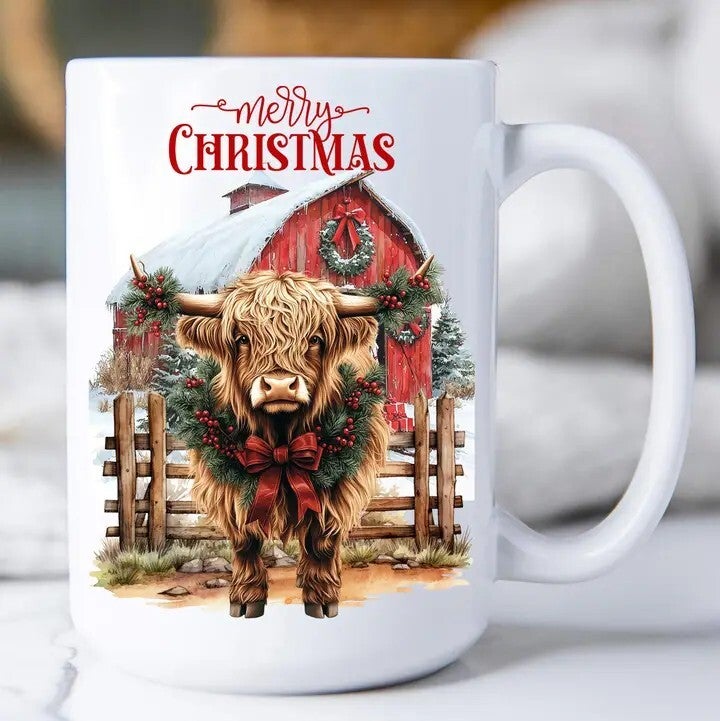 Merry Christmas Highland Cow Barn Mug 15oz.