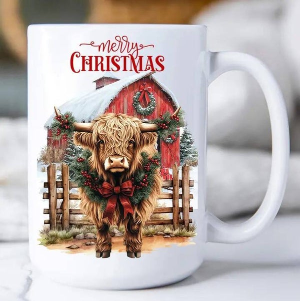 Merry Christmas Highland Cow Barn Mug 15oz.