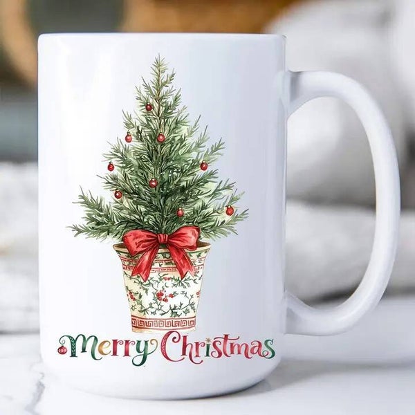 Merry Christmas Watercolor Toile Tree Mug 15oz.