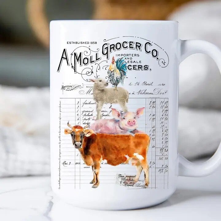 Vintage Farm Animals Grocer Mug 15oz.