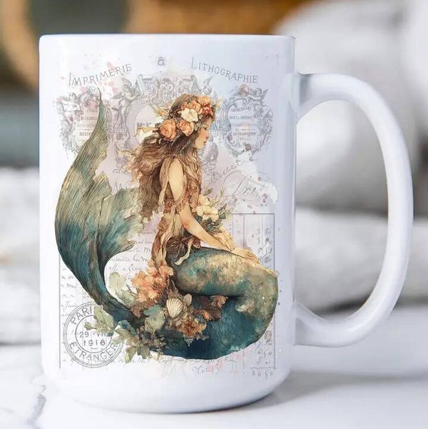 Vintage French Mermaid Coastal Mug 15oz.