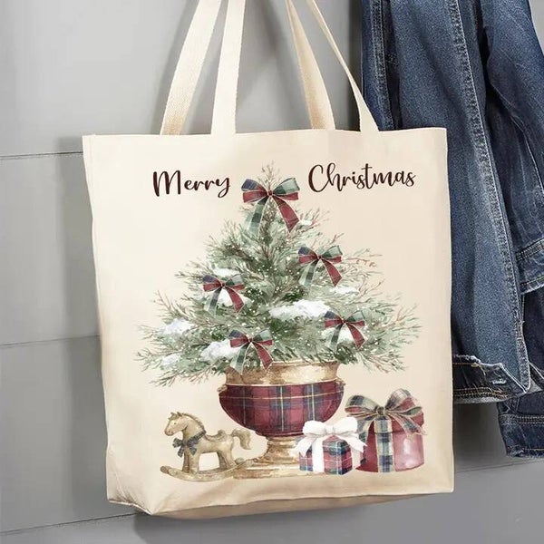 Merry Christmas Rocking Horse Canvas Tote Bag