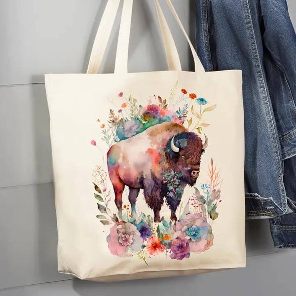 Western Buffalo Watercolor Canvas Tote Bag