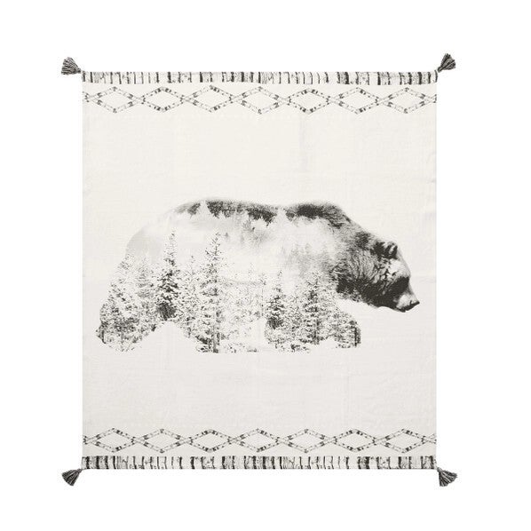 Bear in a Forest Tassel Throw- cream/black