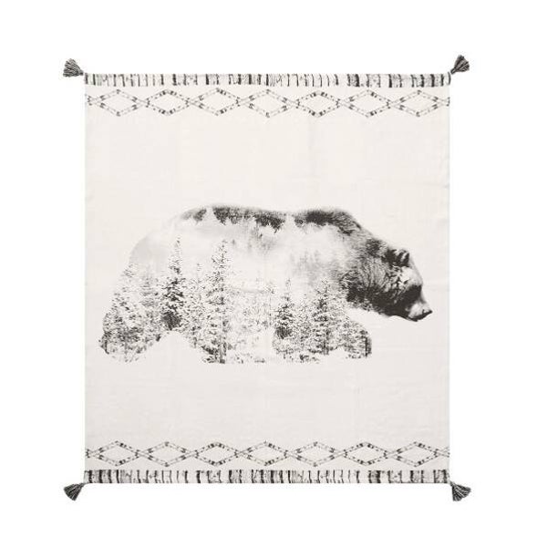Bear in a Forest Tassel Throw- cream/black