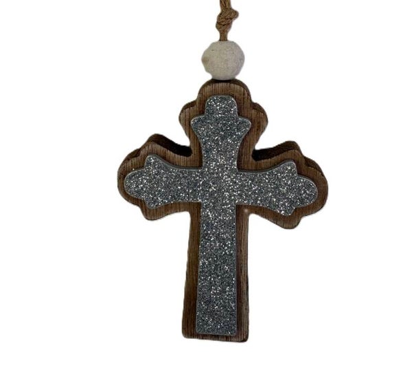 Natural Silver Glitter Wooden Cross Ornament
