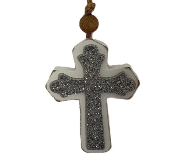 White Silver Glitter Wooden Cross Ornament