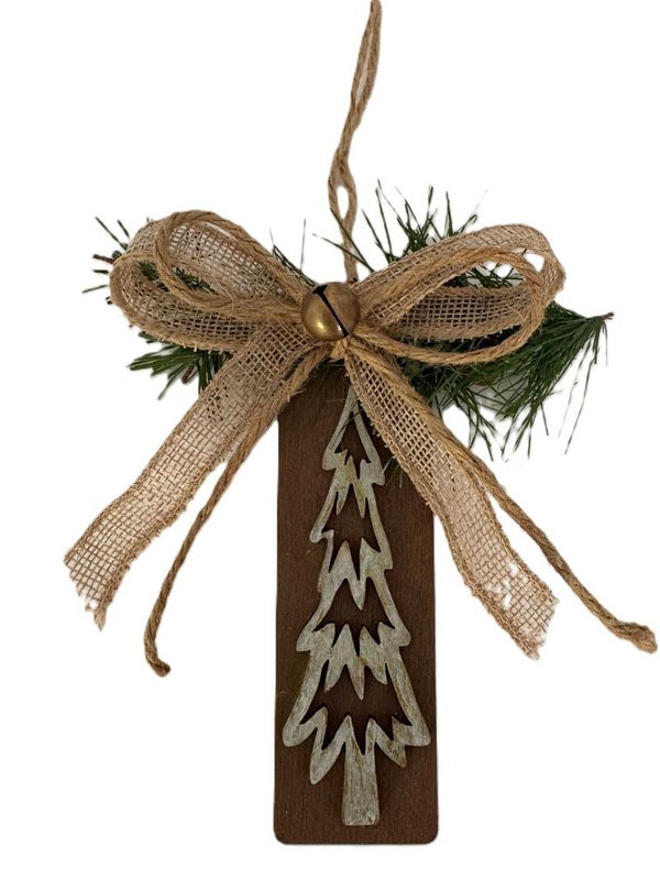 Wooden Christmas Tree Bell & Bow Ornament 1