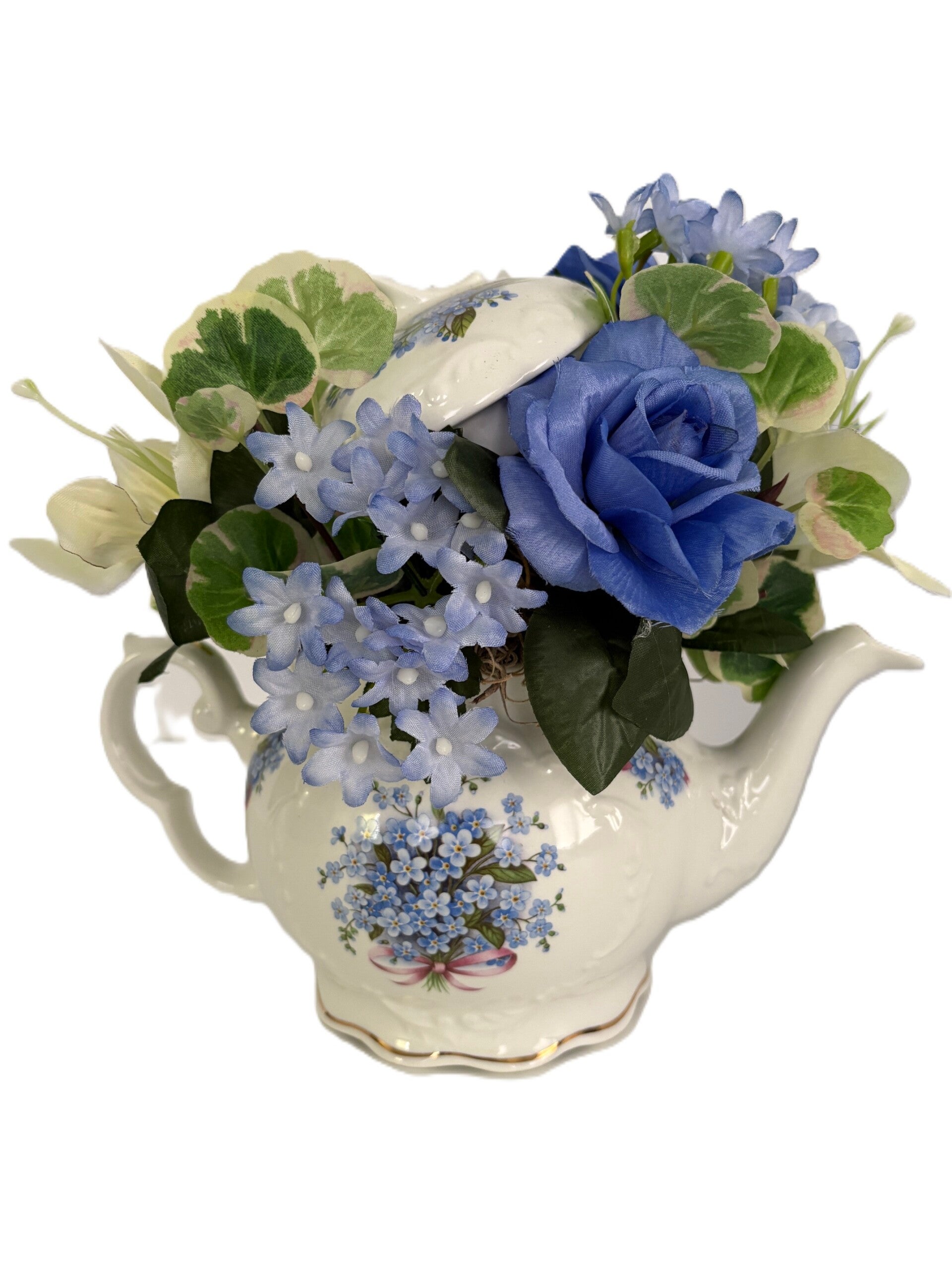 White & Blue Teapot Rose and Hydrangea Arrangement