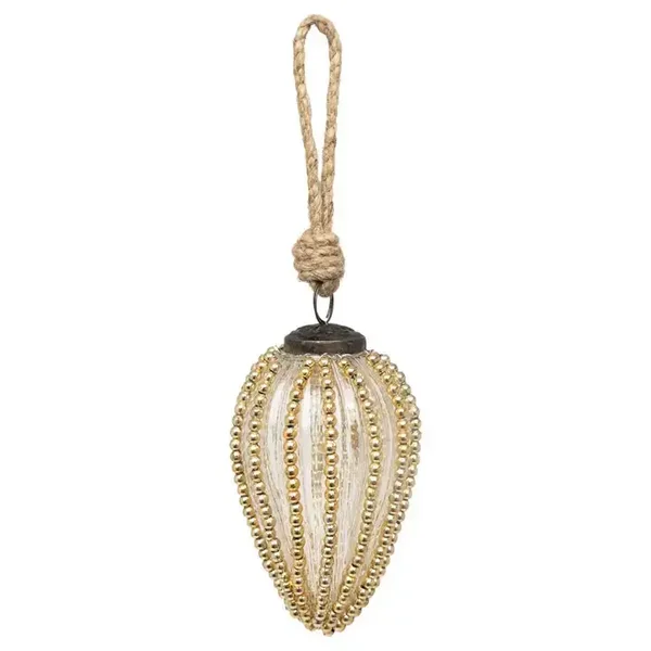 Gold Beaded Teardrop Glass Ornament 4.5"