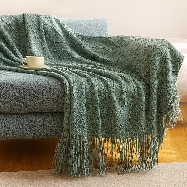 Diamond Knit Fringe Throw Blanket- 50" x 60"- Eucalyptus