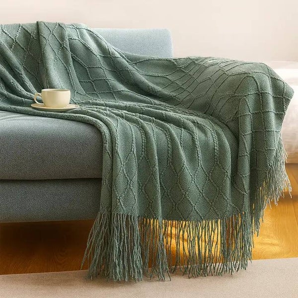 Diamond Knit Fringe Throw Blanket- 50" x 60"- Eucalyptus
