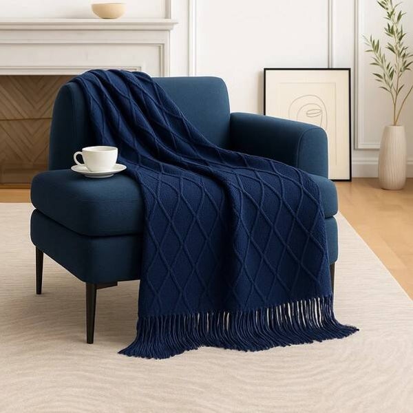 Diamond Knit Fringe Throw Blanket- 50" x 60"- Navy Blue