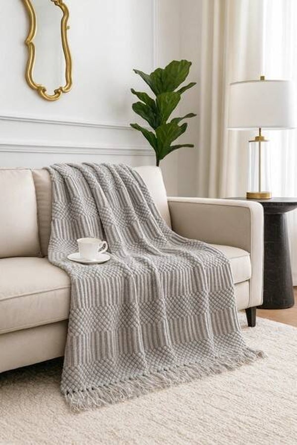 Waffle Stripe Fringe Throw Blanket- 50" x 60"- Grey