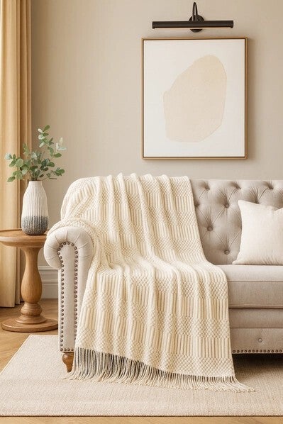 Waffle Stripe Fringe Throw Blanket- 50" x 60"- Ivory