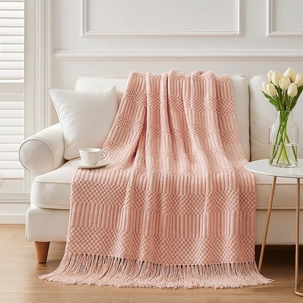 Waffle Stripe Fringe Throw Blanket- 50" x 60"- Pink