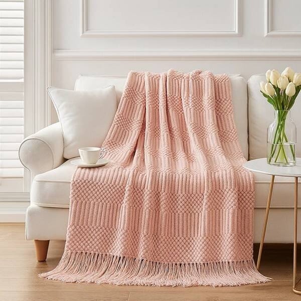 Waffle Stripe Fringe Throw Blanket- 50" x 60"- Pink