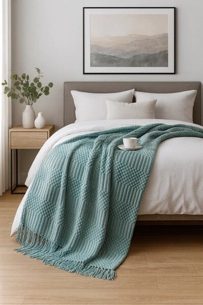 Waffle Stripe Fringe Throw Blanket- 50" x 60"- Sage