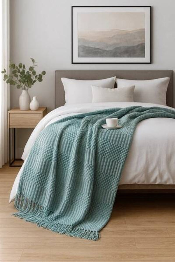 Waffle Stripe Fringe Throw Blanket- 50" x 60"- Sage