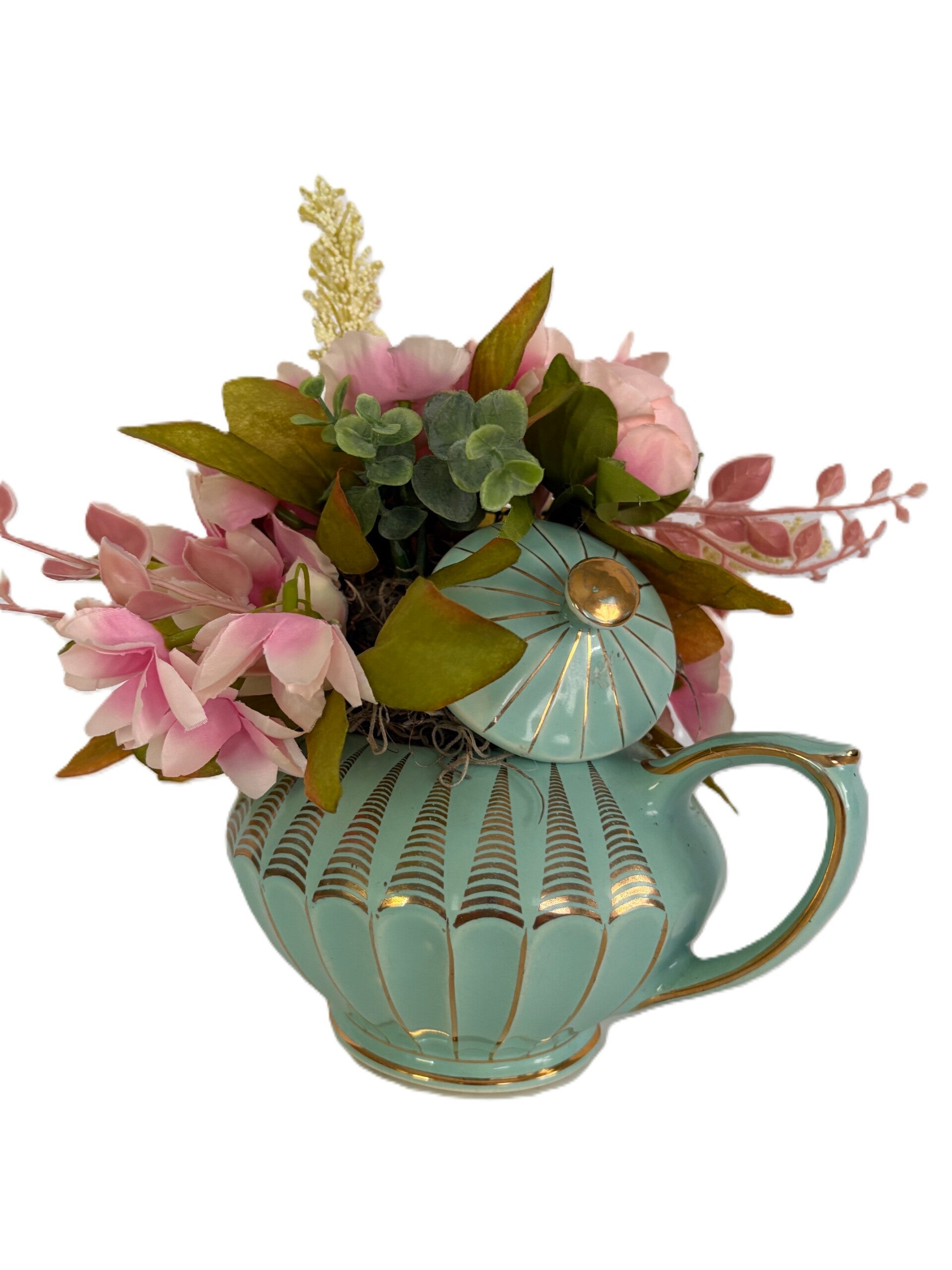 Vintage Green Teapot with Peonies Arrangement