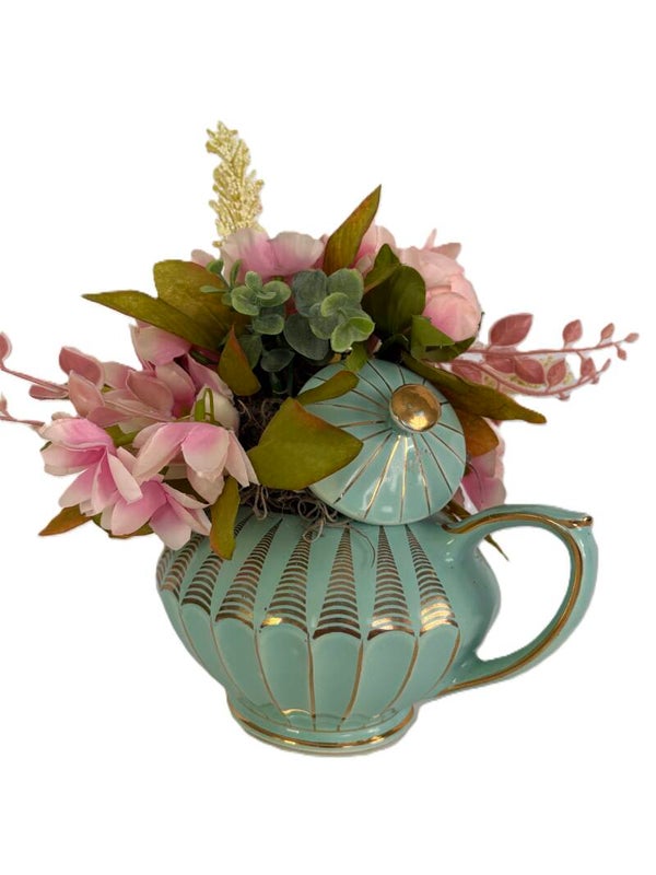 Vintage Green Teapot with Peonies Arrangement