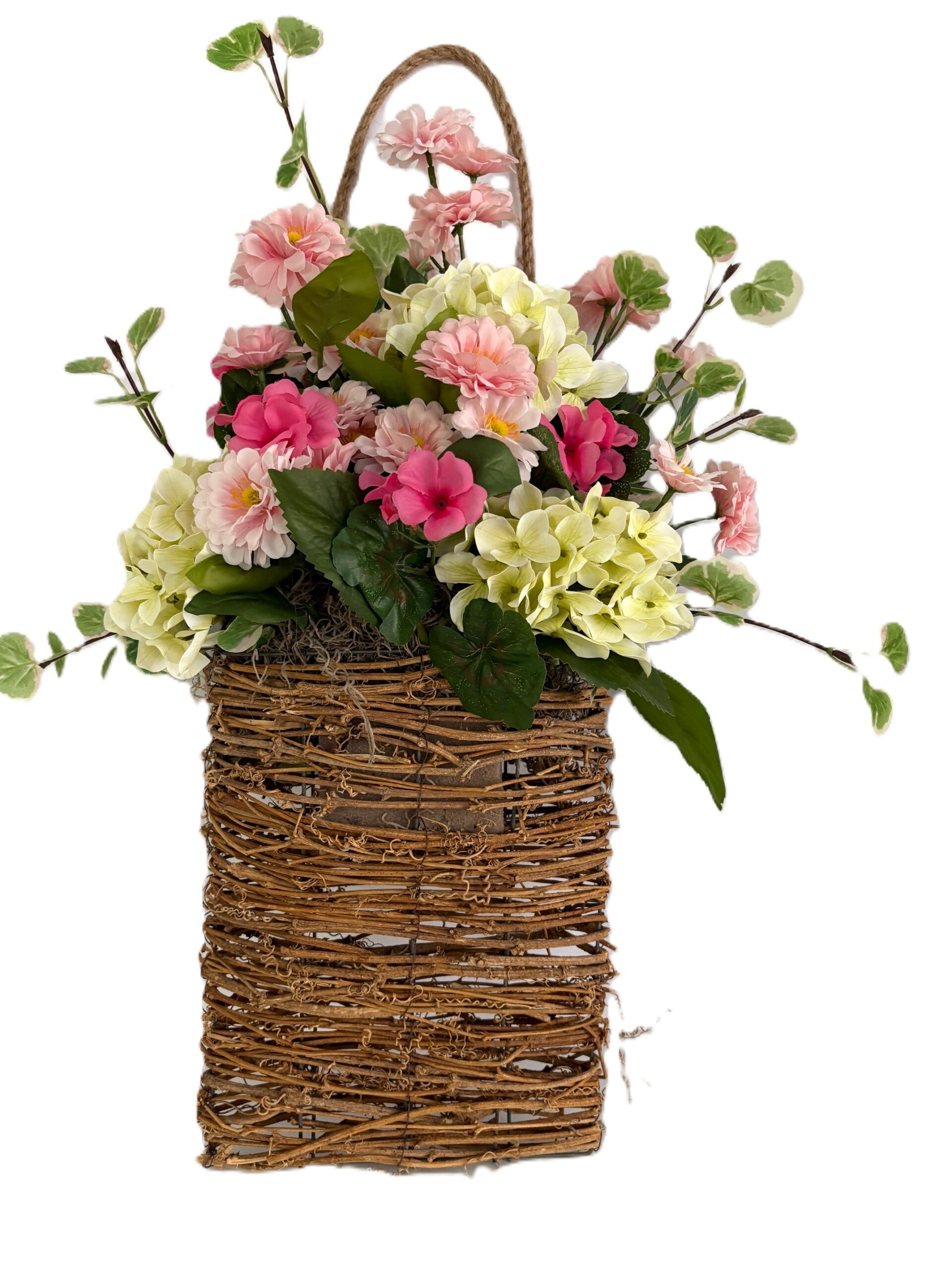 Pink & White Rattan Hanging Basket Arrangement