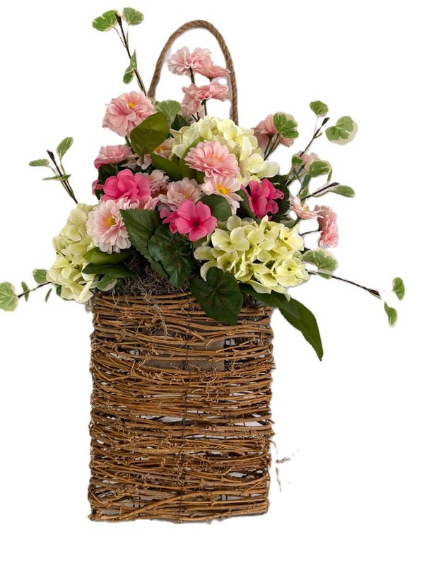 Pink & White Rattan Hanging Basket Arrangement