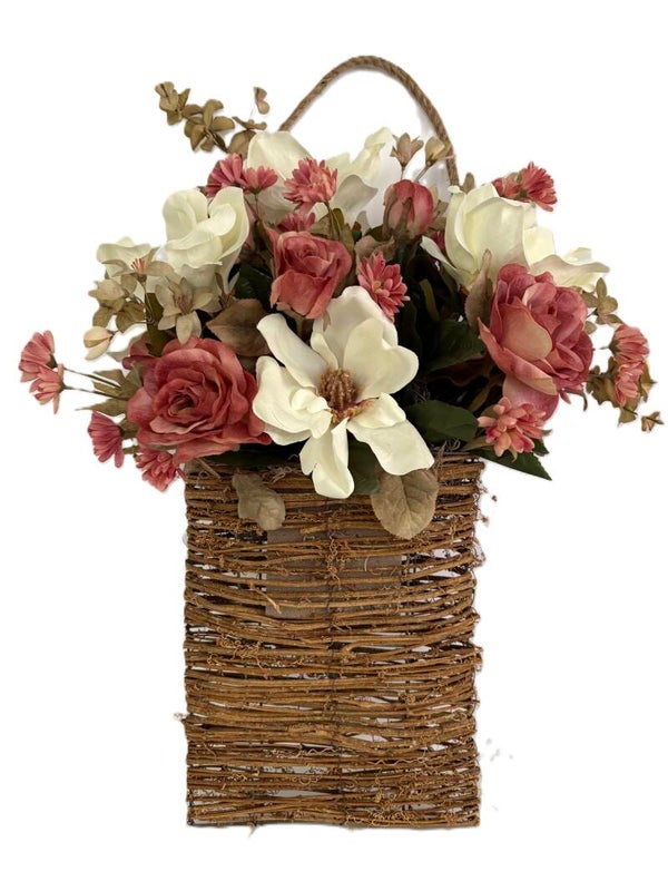 White Magnolia Rattan Hanging Basket Arrangement