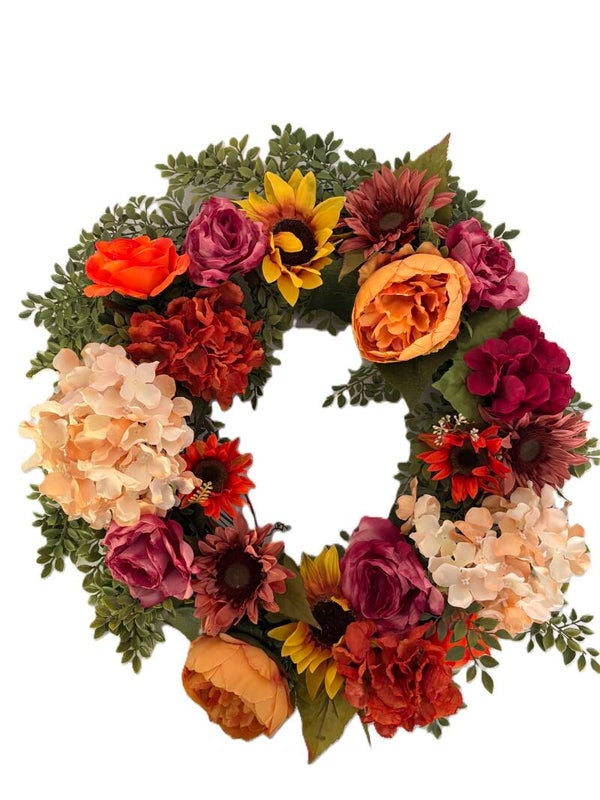 Hydrangea Cabbage Rose Sunflower Wreath by Nancy 20 x 22