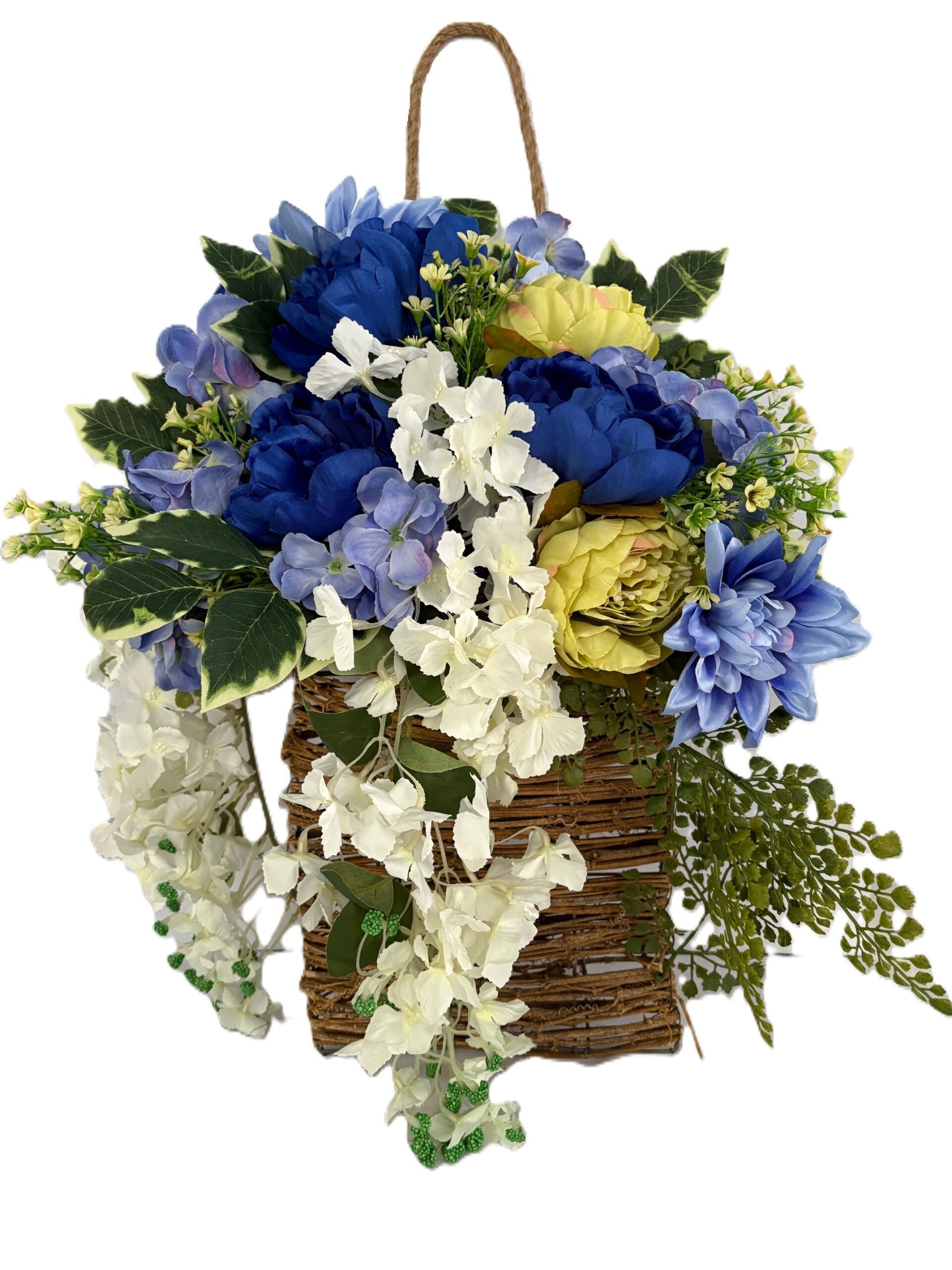 Blue & White Rattan Hanging Basket Arrangement