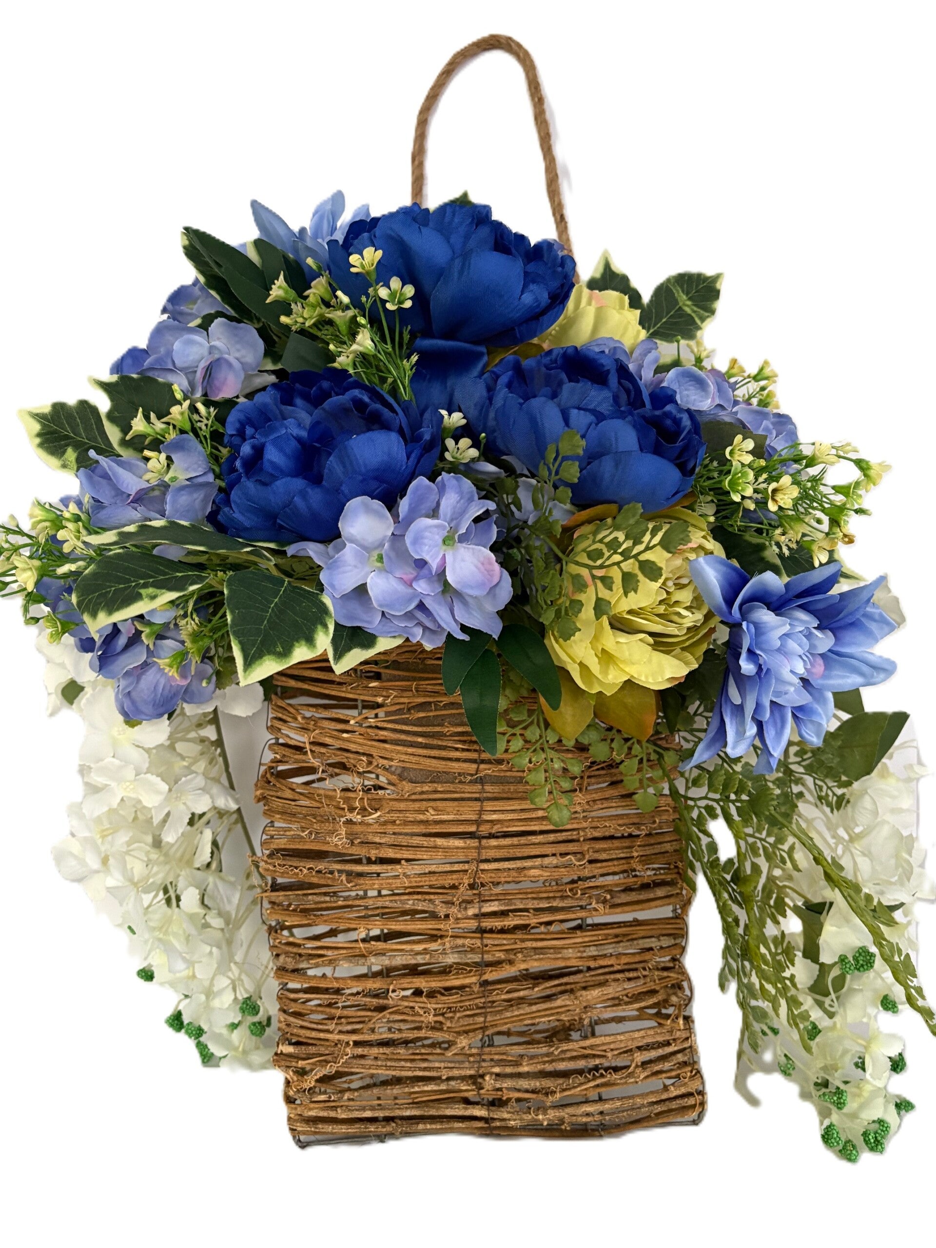 Blue & White Rattan Hanging Basket Arrangement