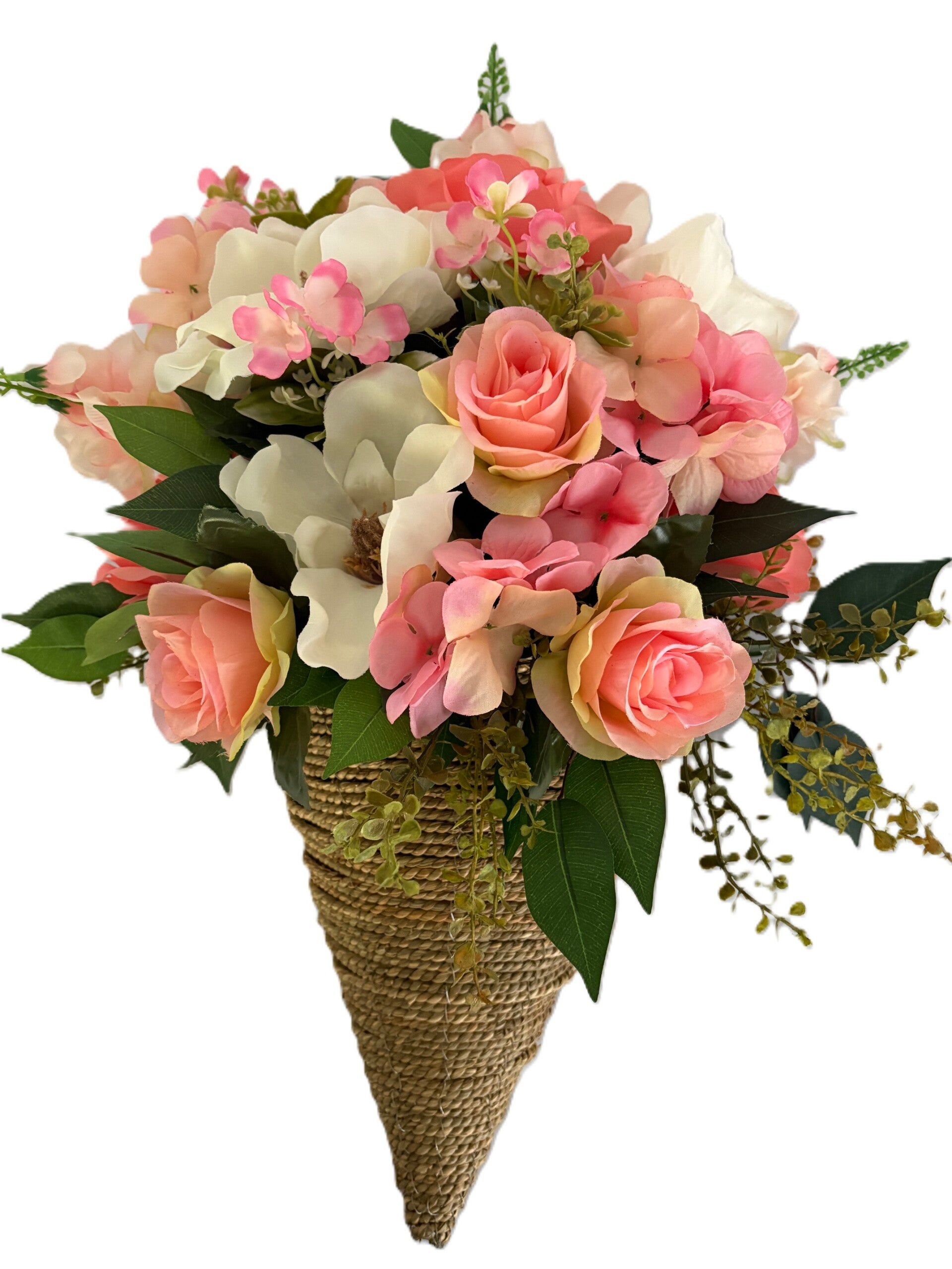 White Magnolia & Peach Rose Cone Basket Arrangement