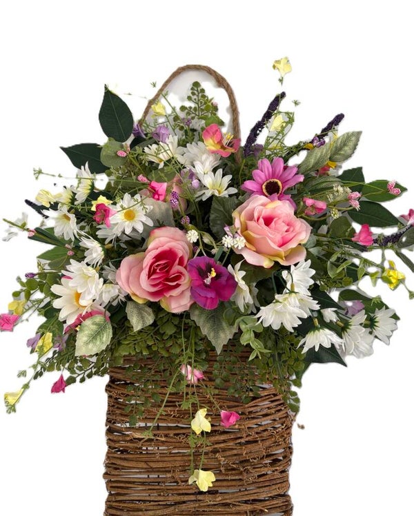 Daisy, Roses & Wild Flower Rattan Hanging Basket Arrangement