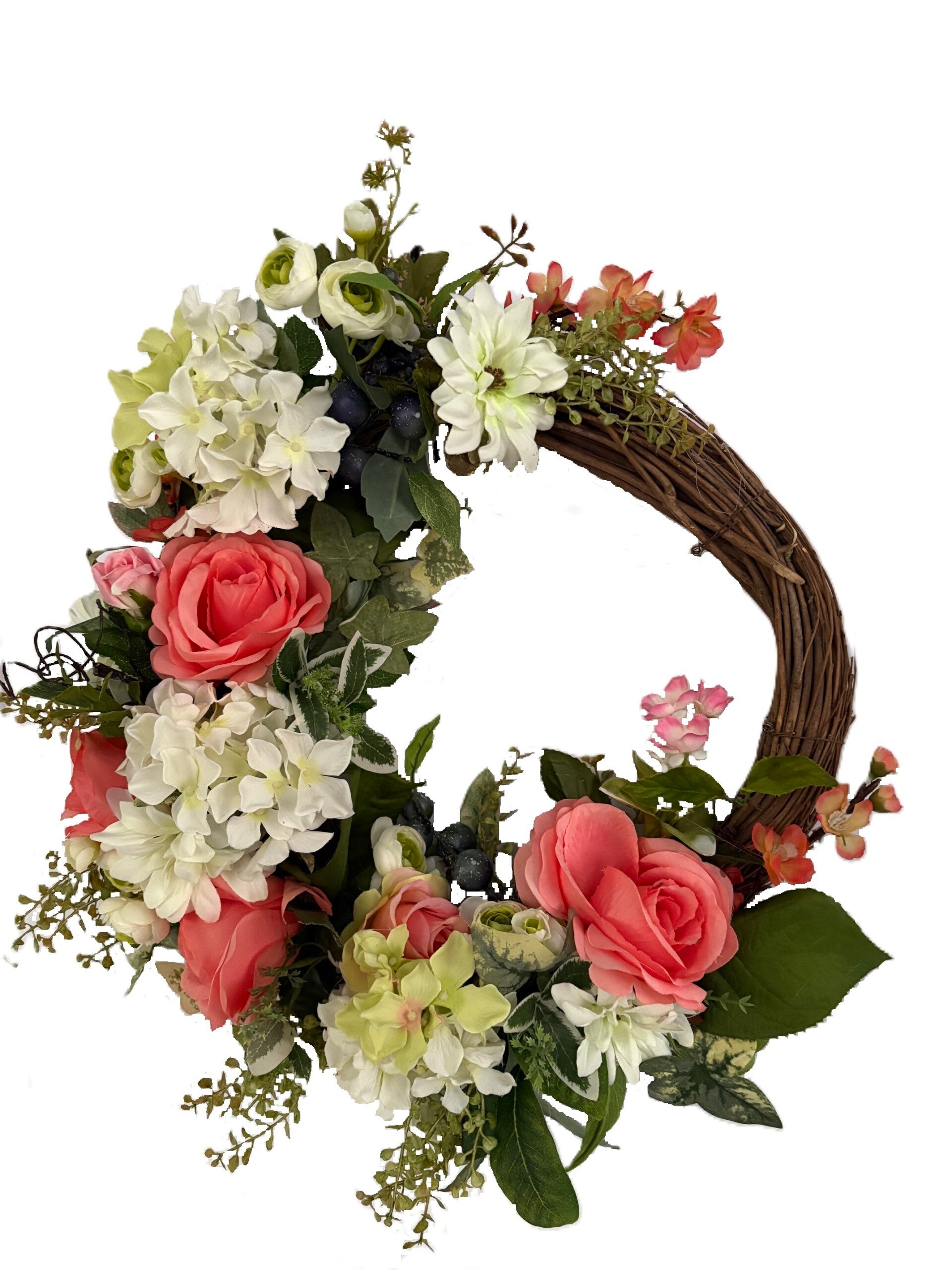 Peach Roses and White Hydrangea Grapevine Wreath 21 x 20