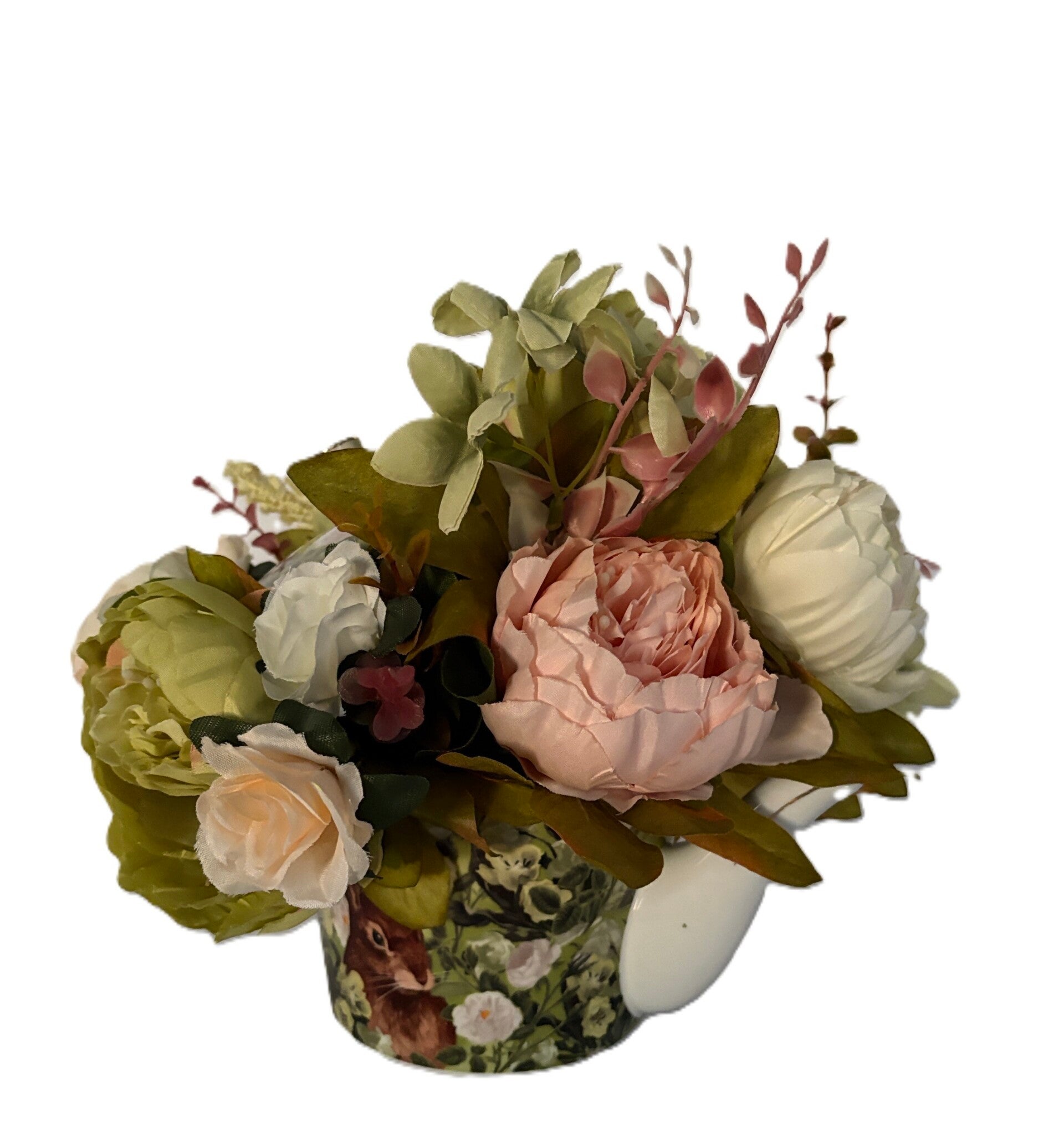 Bunny Rabbit Teapot Cabbage Rose Arrangement