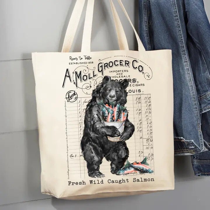 River to Table Bear and Salmon Canvas Tote Bag