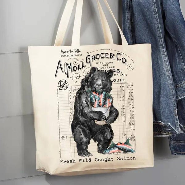 River to Table Bear and Salmon Canvas Tote Bag