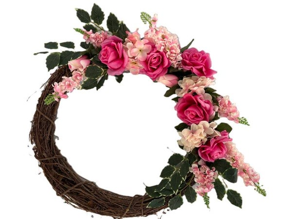 Roses and Hydrangea Grapevine Wreath 25 x 30