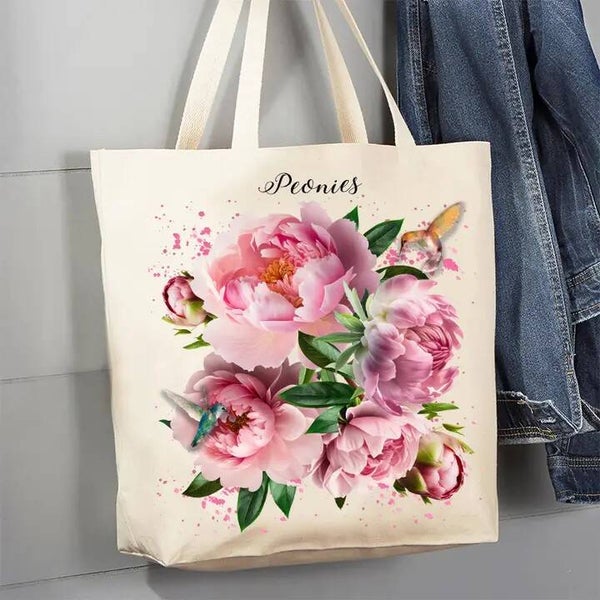 Spring Garden Peonies Flowers Canvas Tote Bag